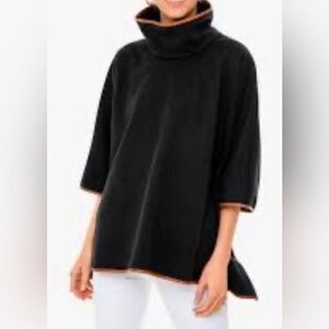 Black Suede Poncho with Funnel Neck & Leather Contrast Trim